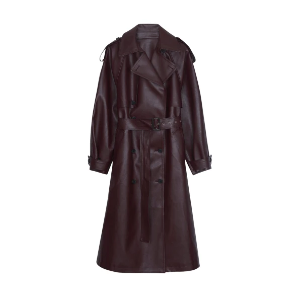 The Frankie Shop Vandve Faux Leather Trench - Burgundy - Oversized Minimalist Coats in Red - Shop at Luxury Shoes 