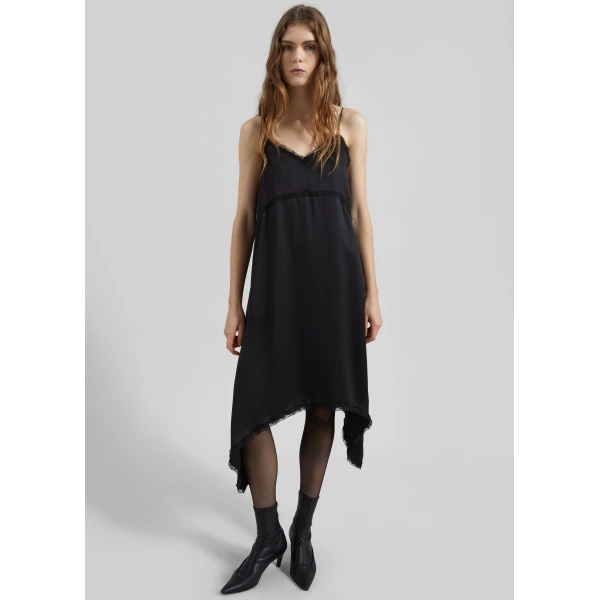 The Frankie Shop Velanne Satin Lace Trim Dress - Black - Oversized Minimalist Dresses in Black - Shop at Luxury Shoes 