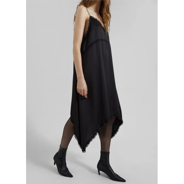 The Frankie Shop Velanne Satin Lace Trim Dress - Black - Oversized Minimalist Dresses in Black - Shop at Luxury Shoes 