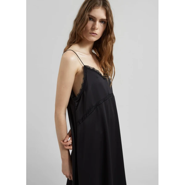 The Frankie Shop Velanne Satin Lace Trim Dress - Black - Oversized Minimalist Dresses in Black - Shop at Luxury Shoes 