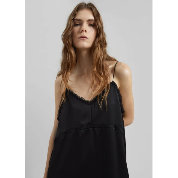 The Frankie Shop Velanne Satin Lace Trim Dress - Black - Oversized Minimalist Dresses in Black - Shop at Luxury Shoes 