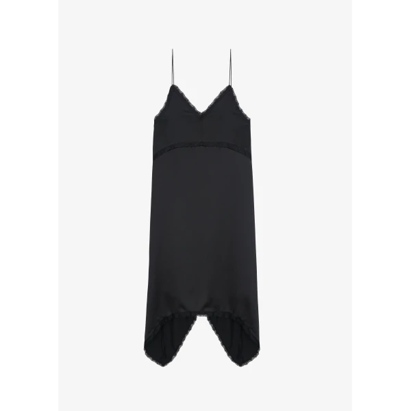 The Frankie Shop Velanne Satin Lace Trim Dress - Black - Oversized Minimalist Dresses in Black - Shop at Luxury Shoes 