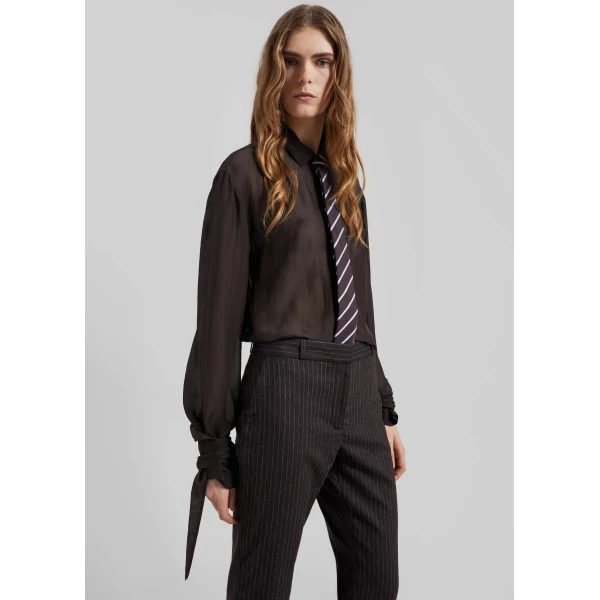 The Frankie Shop Verlin Sheer Chiffon Tie Cuff Shirt - Dark Brown - Oversized Minimalist Tops in Brown - Shop at Luxury Shoes 