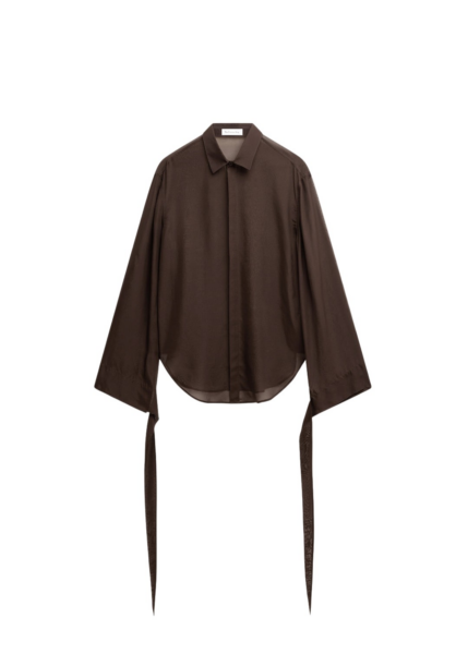 The Frankie Shop Verlin Sheer Chiffon Tie Cuff Shirt - Dark Brown - Oversized Minimalist Tops in Brown - Shop at Luxury Shoes 