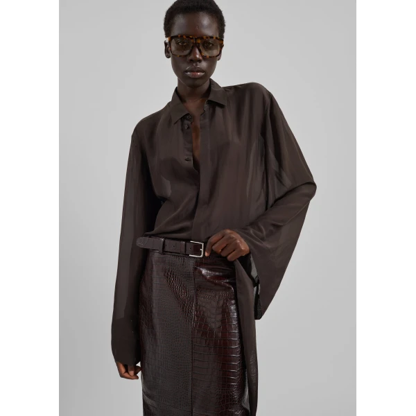 The Frankie Shop Verlin Sheer Chiffon Tie Cuff Shirt - Dark Brown - Oversized Minimalist Tops in Brown - Shop at Luxury Shoes 