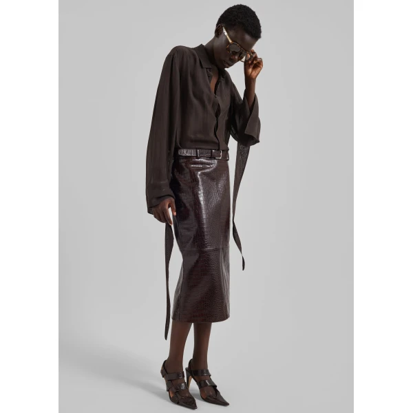 The Frankie Shop Verlin Sheer Chiffon Tie Cuff Shirt - Dark Brown - Oversized Minimalist Tops in Brown - Shop at Luxury Shoes 