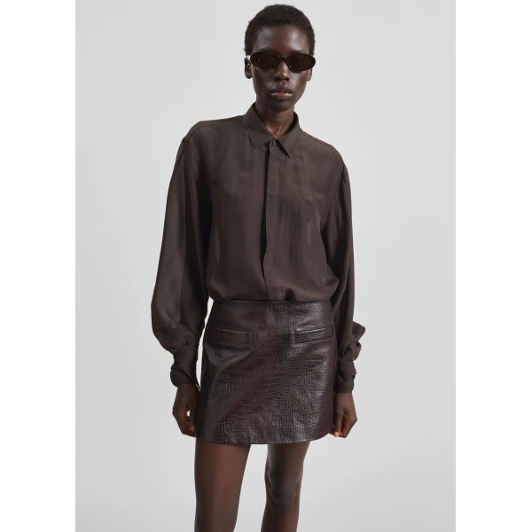 The Frankie Shop Verlin Sheer Chiffon Tie Cuff Shirt - Dark Brown - Oversized Minimalist Tops in Brown - Shop at Luxury Shoes 