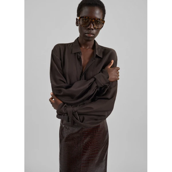 The Frankie Shop Verlin Sheer Chiffon Tie Cuff Shirt - Dark Brown - Oversized Minimalist Tops in Brown - Shop at Luxury Shoes 