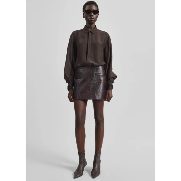 The Frankie Shop Verlin Sheer Chiffon Tie Cuff Shirt - Dark Brown - Oversized Minimalist Tops in Brown - Shop at Luxury Shoes 