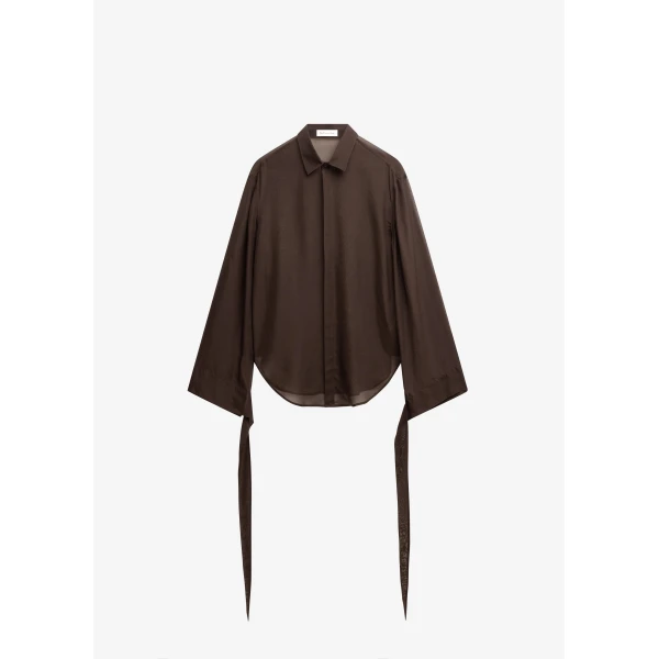 The Frankie Shop Verlin Sheer Chiffon Tie Cuff Shirt - Dark Brown - Oversized Minimalist Tops in Brown - Shop at Luxury Shoes 
