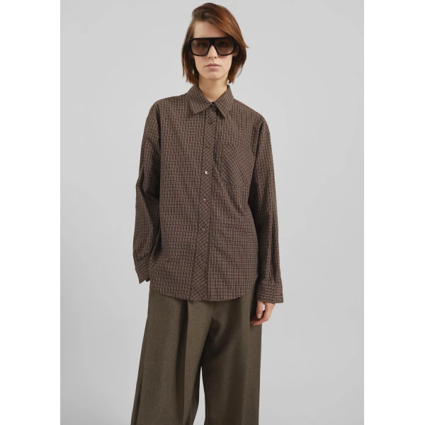 The Frankie Shop Vesta Cotton Shirt - Brown Plaid - Oversized Minimalist Tops in Brown - Shop at Luxury Shoes 