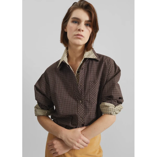 The Frankie Shop Vesta Cotton Shirt - Brown Plaid - Oversized Minimalist Tops in Brown - Shop at Luxury Shoes 