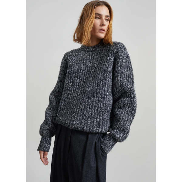 The Frankie Shop Vezia Chunky Knit Sweater - Dark Grey Melange - Oversized Minimalist Knitwear in Grey - Shop at Luxury Shoes 