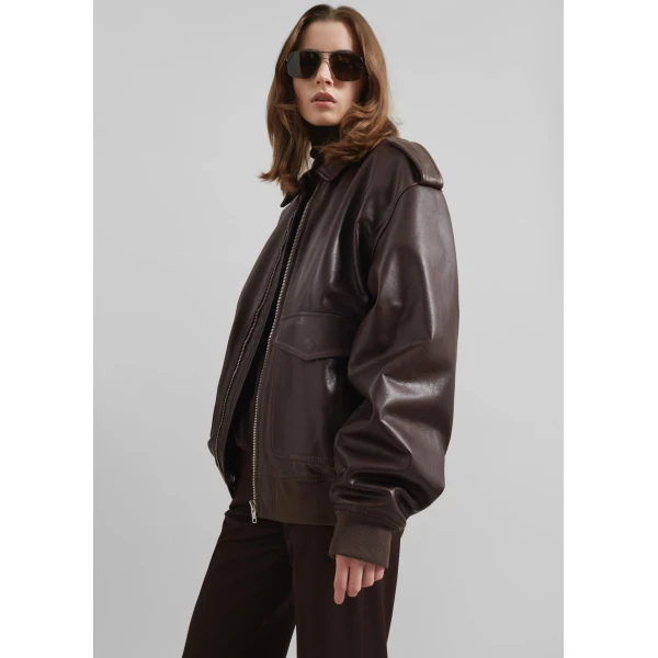 The Frankie Shop Viper Leather Jacket - Brown - Oversized Minimalist Jackets in Brown - Shop at Luxury Shoes 