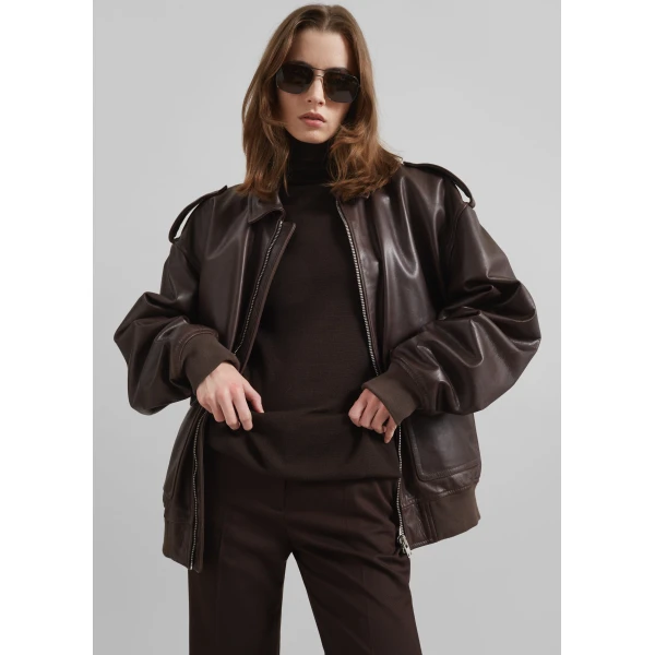 The Frankie Shop Viper Leather Jacket - Brown - Oversized Minimalist Jackets in Brown - Shop at Luxury Shoes 