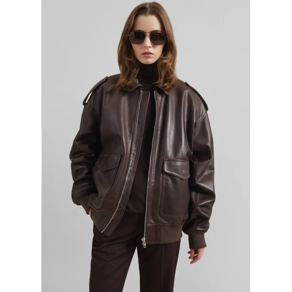 The Frankie Shop Viper Leather Jacket - Brown - Oversized Minimalist Jackets in Brown - Shop at Luxury Shoes 