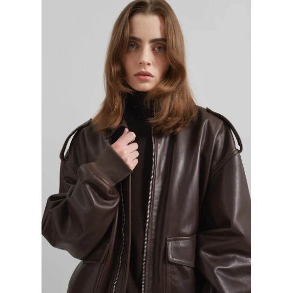 The Frankie Shop Viper Leather Jacket - Brown - Oversized Minimalist Jackets in Brown - Shop at Luxury Shoes 