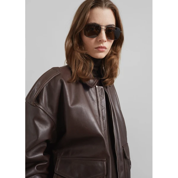 The Frankie Shop Viper Leather Jacket - Brown - Oversized Minimalist Jackets in Brown - Shop at Luxury Shoes 