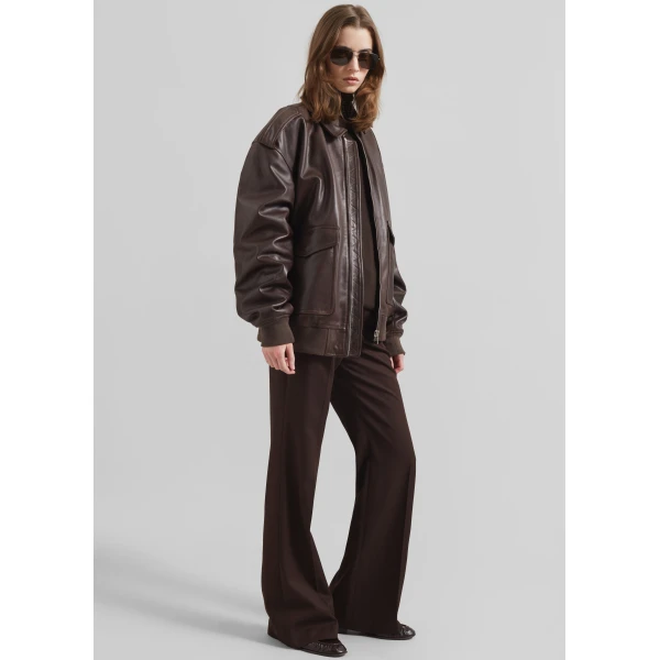 The Frankie Shop Viper Leather Jacket - Brown - Oversized Minimalist Jackets in Brown - Shop at Luxury Shoes 