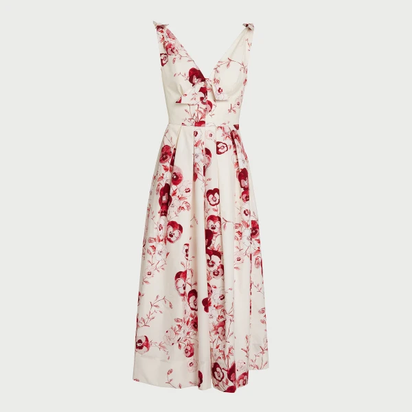 Giambattista Valli V-Neck Midi Ruby Pansies Poplin Dress - Giambattista Valli Dresses - Romantic Couture - Shop at Luxury Shoes 