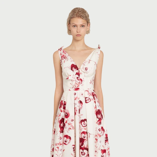 Giambattista Valli V-Neck Midi Ruby Pansies Poplin Dress - Giambattista Valli Dresses - Romantic Couture - Shop at Luxury Shoes 