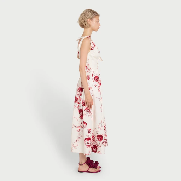 Giambattista Valli V-Neck Midi Ruby Pansies Poplin Dress - Giambattista Valli Dresses - Romantic Couture - Shop at Luxury Shoes 