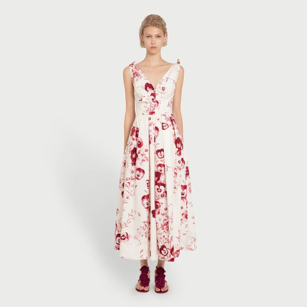 Giambattista Valli V-Neck Midi Ruby Pansies Poplin Dress - Giambattista Valli Dresses - Romantic Couture - Shop at Luxury Shoes 