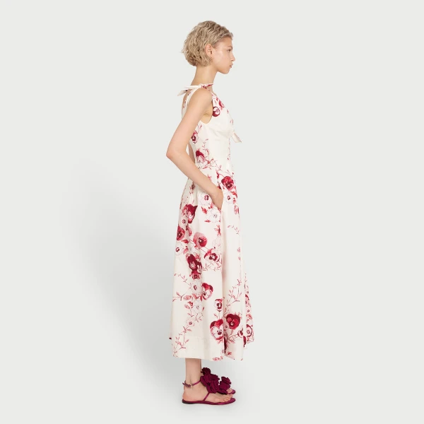 Giambattista Valli V-Neck Midi Ruby Pansies Poplin Dress - Giambattista Valli Dresses - Romantic Couture - Shop at Luxury Shoes 
