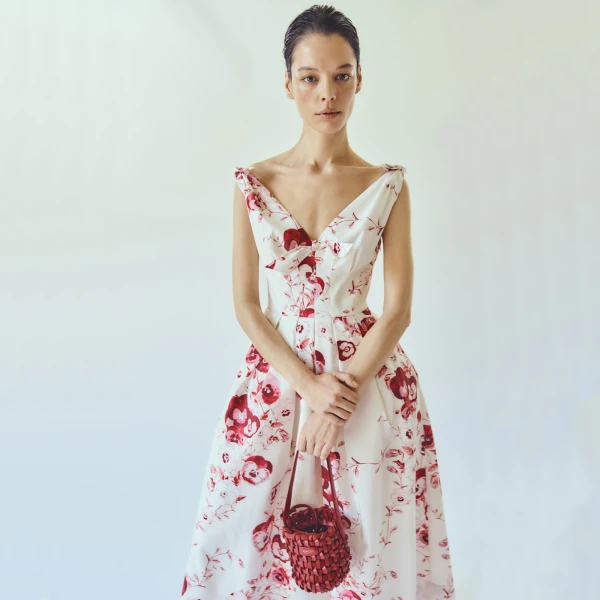 Giambattista Valli V-Neck Midi Ruby Pansies Poplin Dress - Giambattista Valli Dresses - Romantic Couture - Shop at Luxury Shoes 