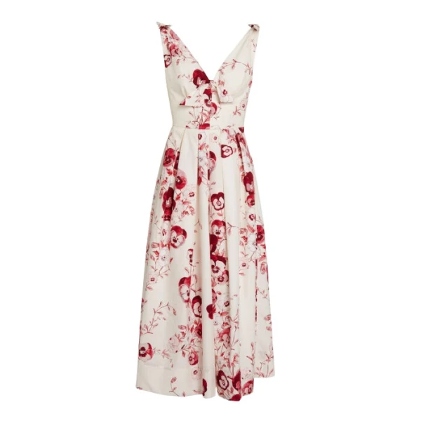 Giambattista Valli V-Neck Midi Ruby Pansies Poplin Dress - Giambattista Valli Dresses - Romantic Couture - Shop at Luxury Shoes 
