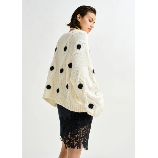 Essentiel Antwerp White and black polka-dot cable-knit sweater - Essentiel Antwerp Knitwear - Colorful Belgian Design - Shop at Luxury Shoes 