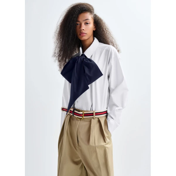Essentiel Antwerp White and navy cotton shirt with removable bow tie - Essentiel Antwerp Shirts - Colorful Belgian Design - Shop at Luxury Shoes 