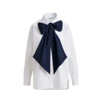 Essentiel Antwerp White and navy cotton shirt with removable bow tie - Essentiel Antwerp Shirts - Colorful Belgian Design - Shop at Luxury Shoes 