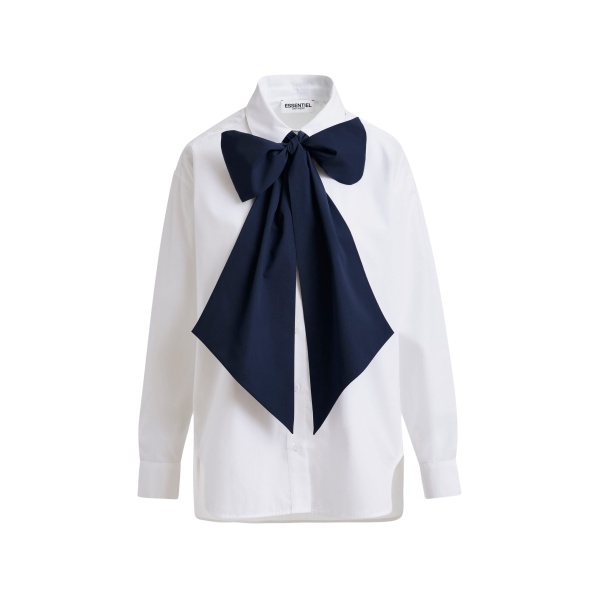 Essentiel Antwerp White and navy cotton shirt with removable bow tie - Essentiel Antwerp Shirts - Colorful Belgian Design - Shop at Luxury Shoes 