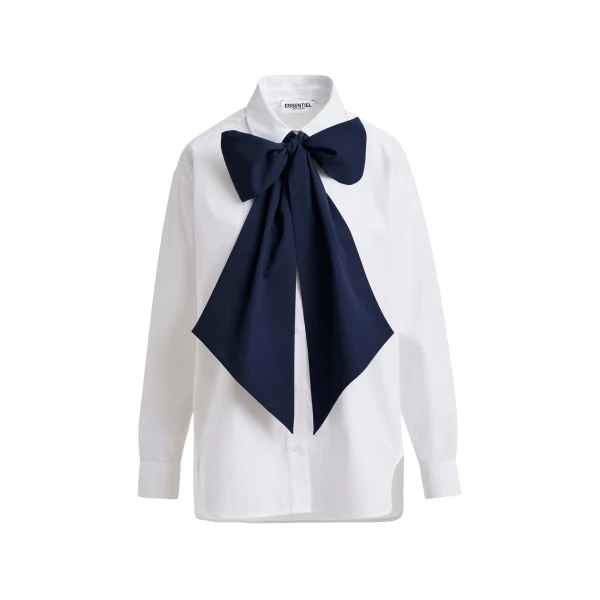 Essentiel Antwerp White and navy cotton shirt with removable bow tie - Essentiel Antwerp Shirts - Colorful Belgian Design - Shop at Luxury Shoes 