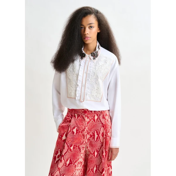 beige and red embroidered lace-panel cotton shirt - Essentiel Antwerp Shirts - Colorful Belgian Design - Shop at Luxury Shoes 
