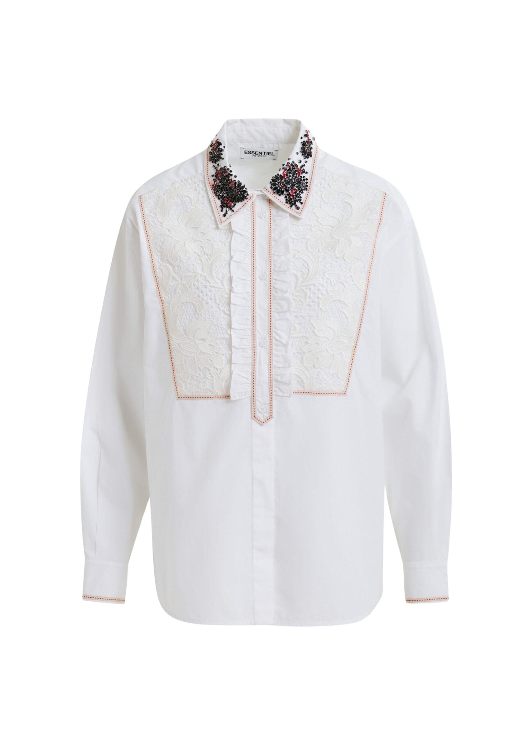 Essentiel Antwerp White, beige and red embroidered lace-panel cotton shirt