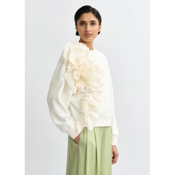 Essentiel Antwerp White cotton-blend sweatshirt with ruffle details - Essentiel Antwerp Shirts - Colorful Belgian Design - Shop at Luxury Shoes 