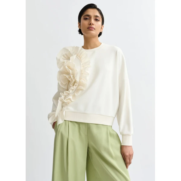 Essentiel Antwerp White cotton-blend sweatshirt with ruffle details - Essentiel Antwerp Shirts - Colorful Belgian Design - Shop at Luxury Shoes 
