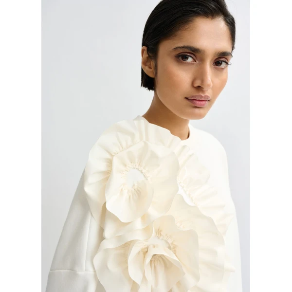 Essentiel Antwerp White cotton-blend sweatshirt with ruffle details - Essentiel Antwerp Shirts - Colorful Belgian Design - Shop at Luxury Shoes 