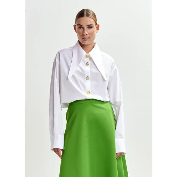 Essentiel Antwerp White cotton shirt with elongated collar and mismatched buttons - Essentiel Antwerp Shirts - Colorful Belgian Design - Shop at Luxury Shoes 