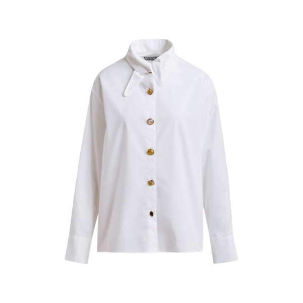 Essentiel Antwerp White cotton shirt with elongated collar and mismatched buttons - Essentiel Antwerp Shirts - Colorful Belgian Design - Shop at Luxury Shoes 