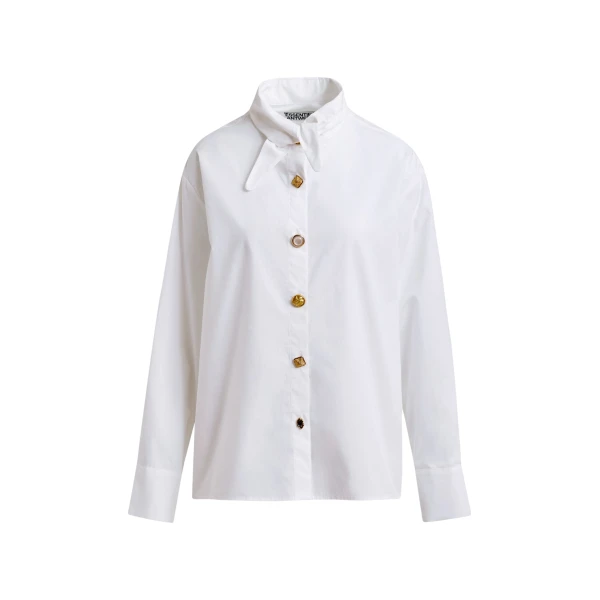 Essentiel Antwerp White cotton shirt with elongated collar and mismatched buttons - Essentiel Antwerp Shirts - Colorful Belgian Design - Shop at Luxury Shoes 