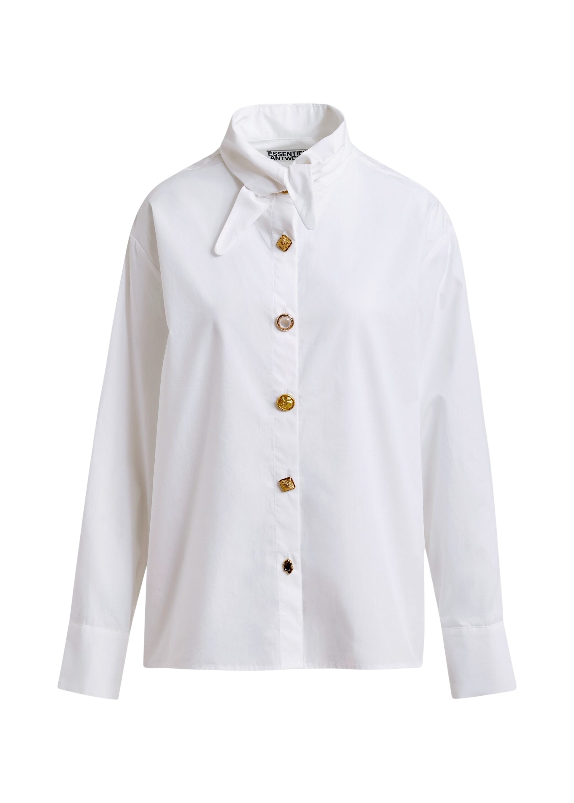 Essentiel Antwerp White cotton shirt with elongated collar and mismatched buttons