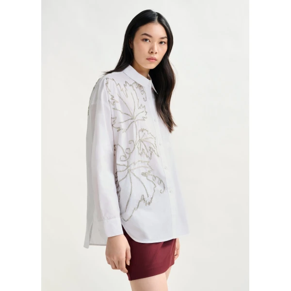 Essentiel Antwerp White oversized cotton shirt with bead embellished embroideries - Essentiel Antwerp Shirts - Colorful Belgian Design - Shop at Luxury Shoes 