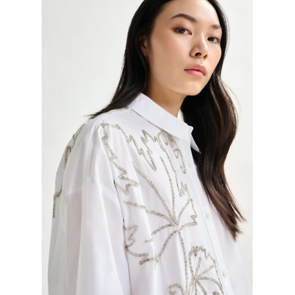 Essentiel Antwerp White oversized cotton shirt with bead embellished embroideries - Essentiel Antwerp Shirts - Colorful Belgian Design - Shop at Luxury Shoes 