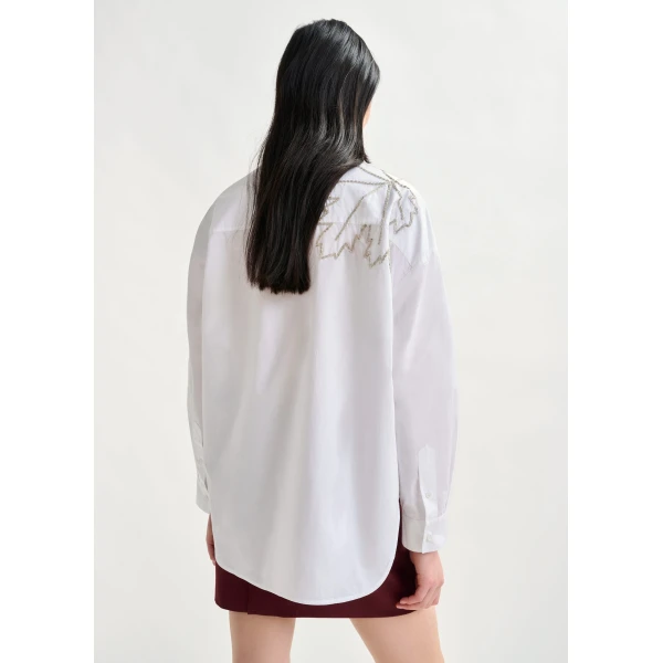 Essentiel Antwerp White oversized cotton shirt with bead embellished embroideries - Essentiel Antwerp Shirts - Colorful Belgian Design - Shop at Luxury Shoes 