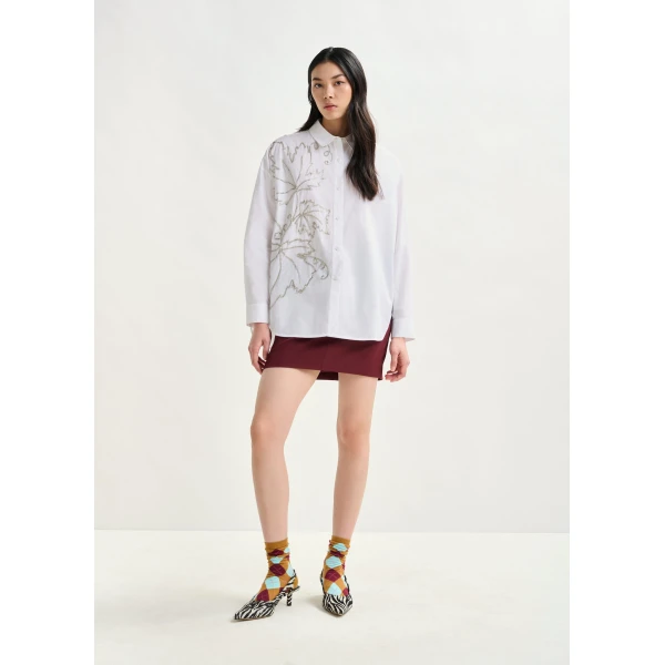 Essentiel Antwerp White oversized cotton shirt with bead embellished embroideries - Essentiel Antwerp Shirts - Colorful Belgian Design - Shop at Luxury Shoes 