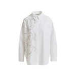 Essentiel Antwerp White oversized cotton shirt with bead embellished embroideries - Essentiel Antwerp Shirts - Colorful Belgian Design - Shop at Luxury Shoes 