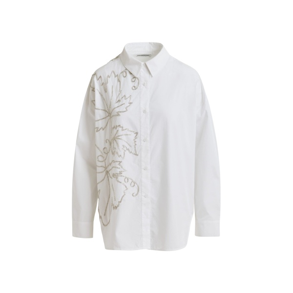 Essentiel Antwerp White oversized cotton shirt with bead embellished embroideries - Essentiel Antwerp Shirts - Colorful Belgian Design - Shop at Luxury Shoes 